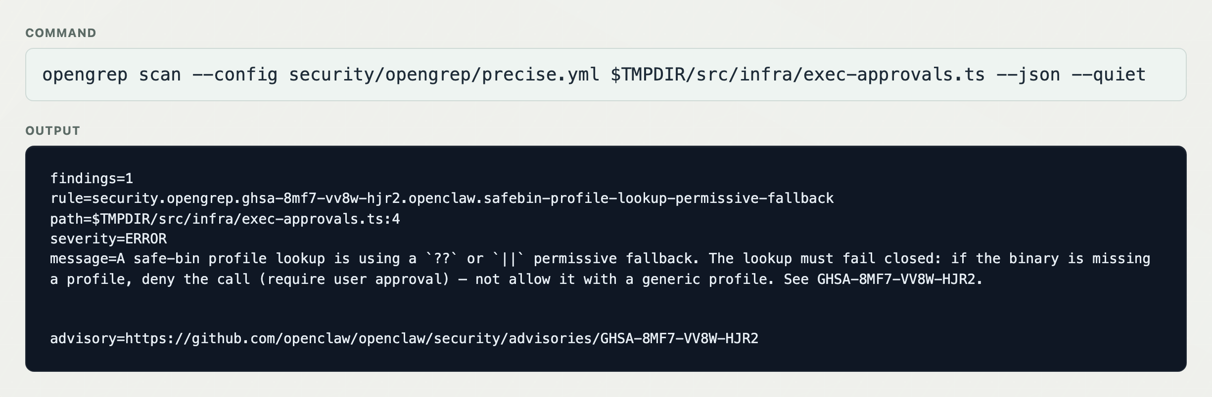 终端输出显示一条 OpenGrep 规则发现了源自 GHSA 的不安全 safe-bin profile fallback 模式。